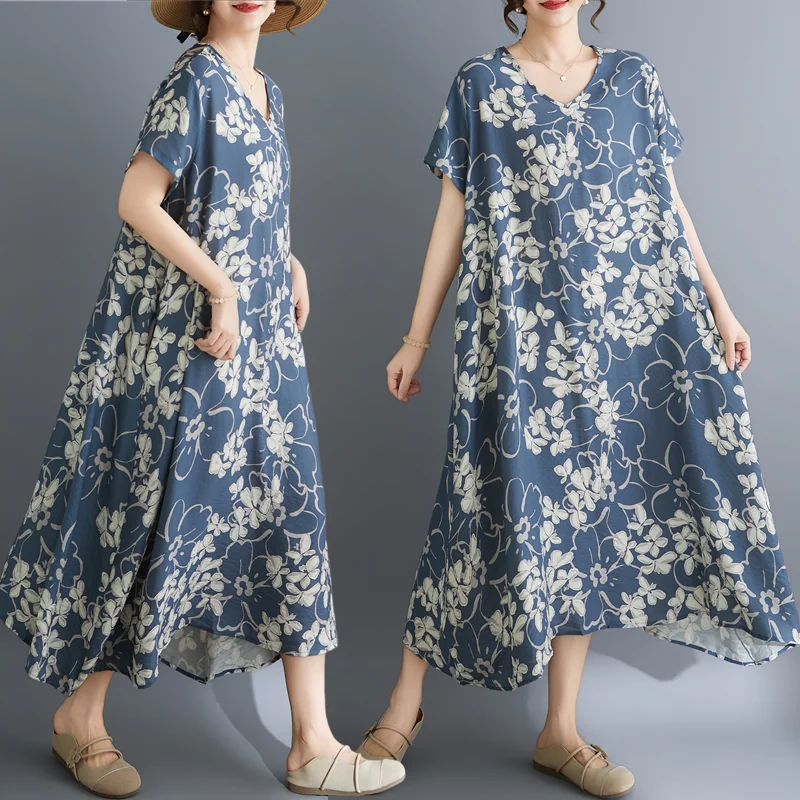 Summer Vacation Style Travel Print V-Neck Retro Concealment Asymmetrical Long Cotton Linen Dress Women's Citywalk Maxi Dress