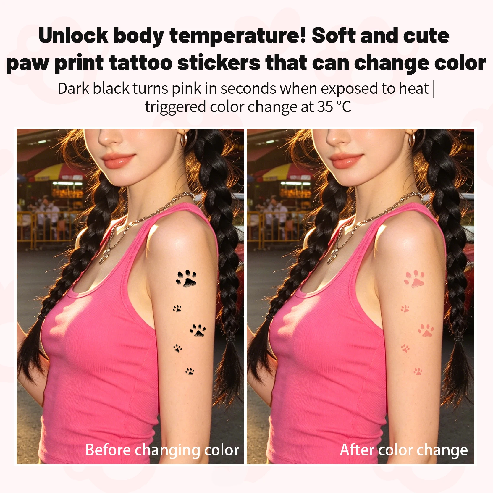 1 Sheet Thermal Color Changing Temporary Tattoo,Cute Cat Paw Print Changes at 35°C, Water Transfer Waterproof Sticker