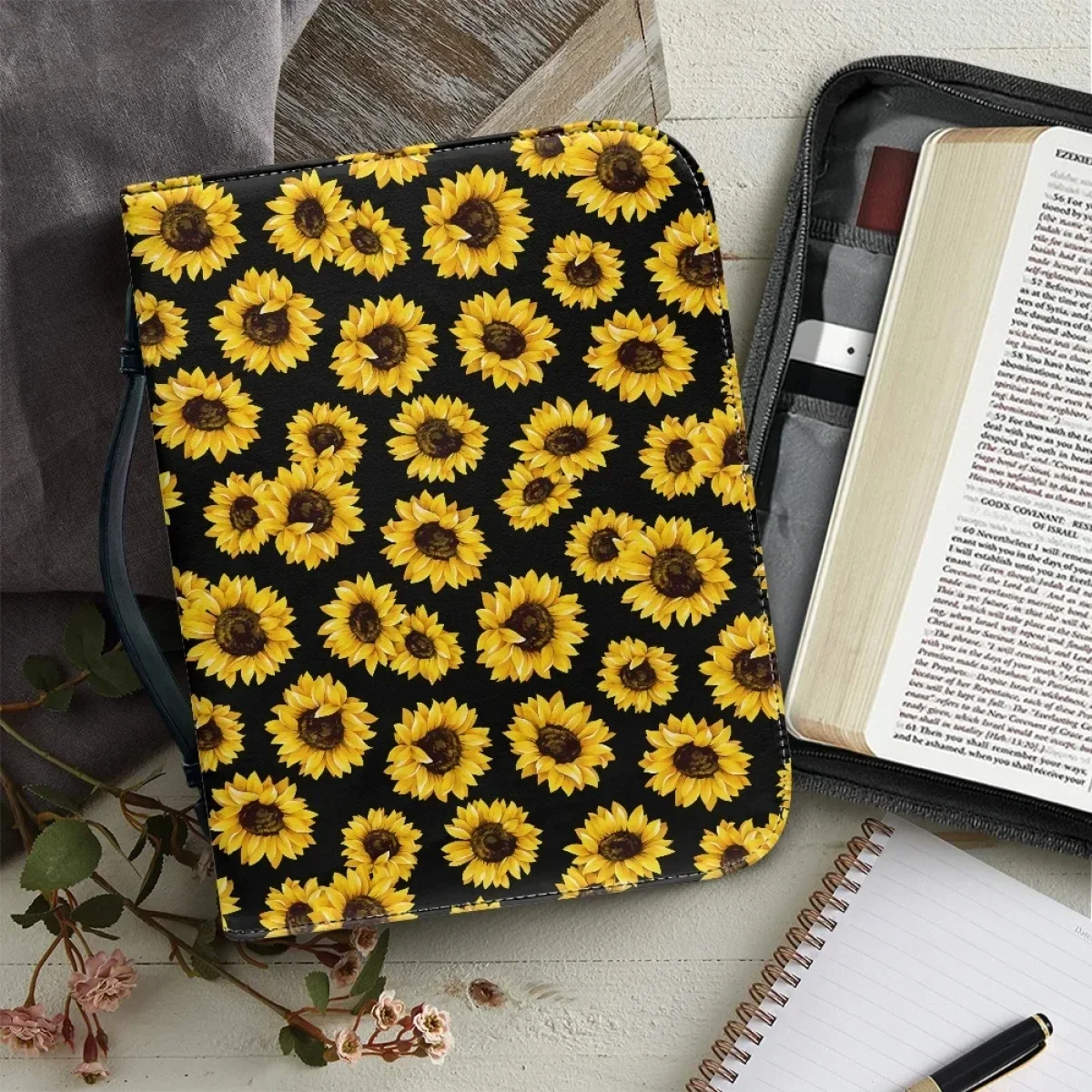 Trendy Sunflower Pattern Print Bible Bag for Women Leather Handbags Practical Bible Study Book Holy Storage Cover Case Gifts