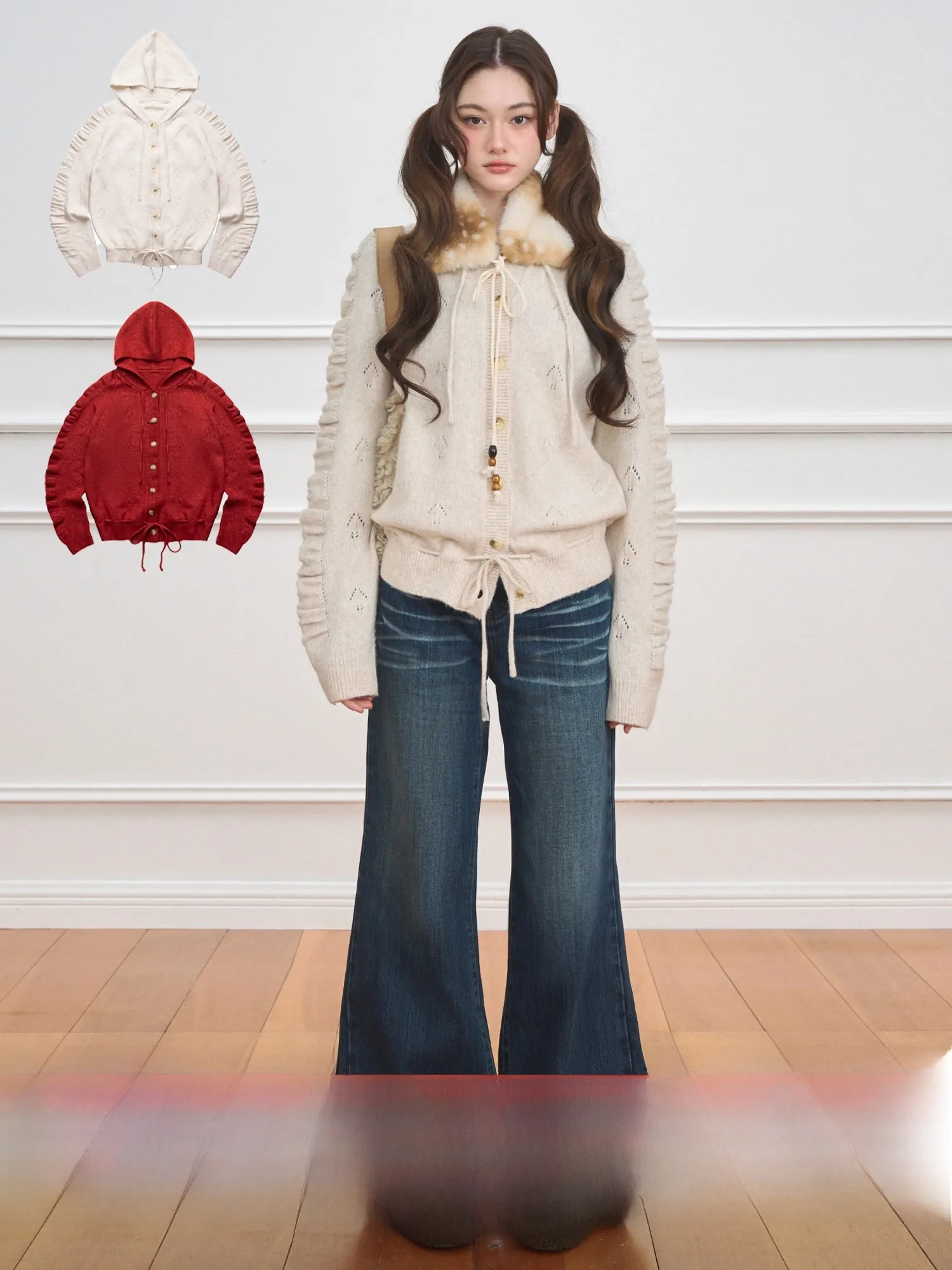 

NECY Original Hooded Open Cardigan Long Sve Women's Top Dstring Design Love Heart Knitted Sweater Versatile Outerwear