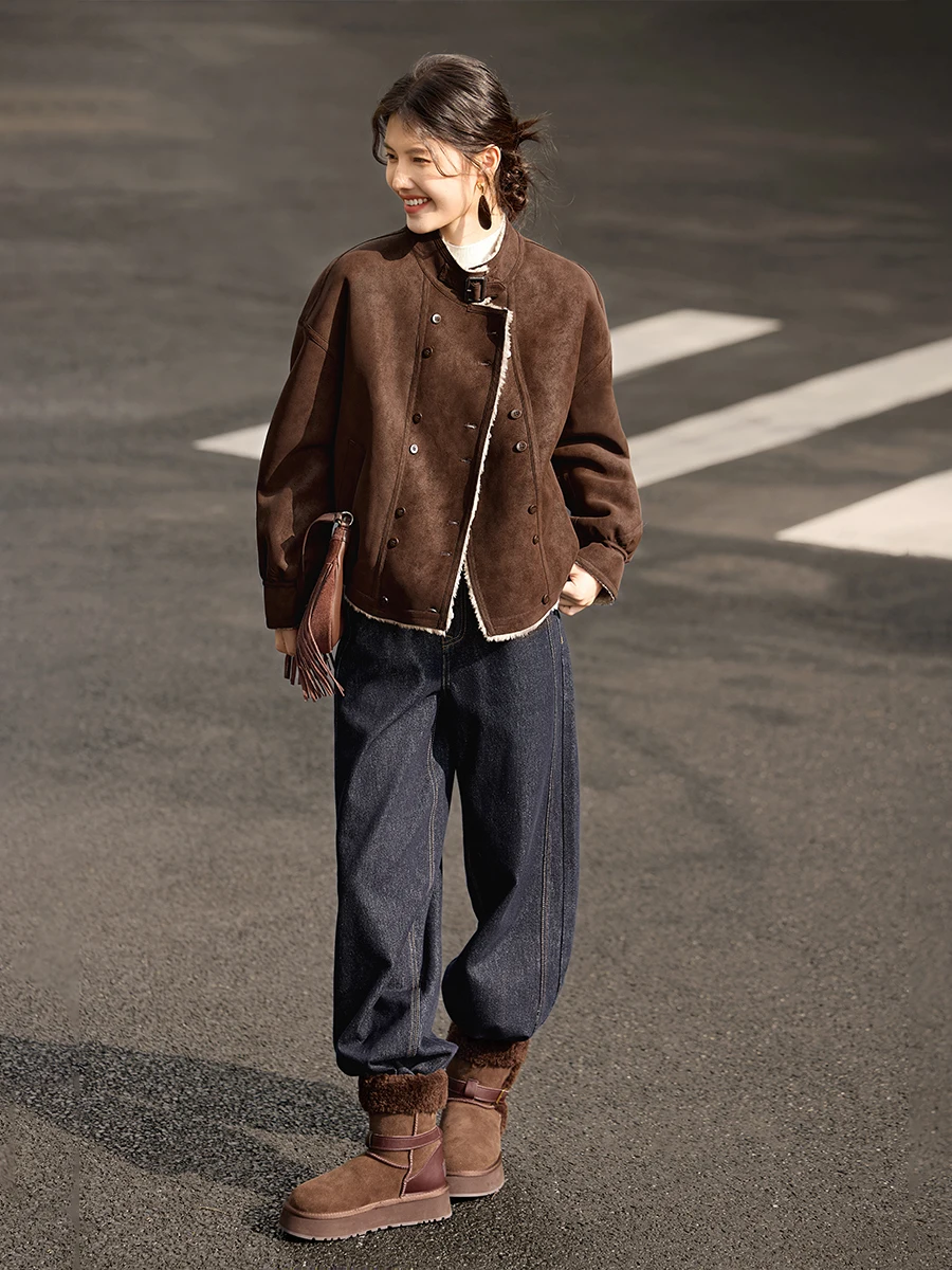 XWI レディース スエード ジャケット サーマル裏地付き カジュアル ファッション 冬用 クールでエレガントなコート ストレートチューブ型