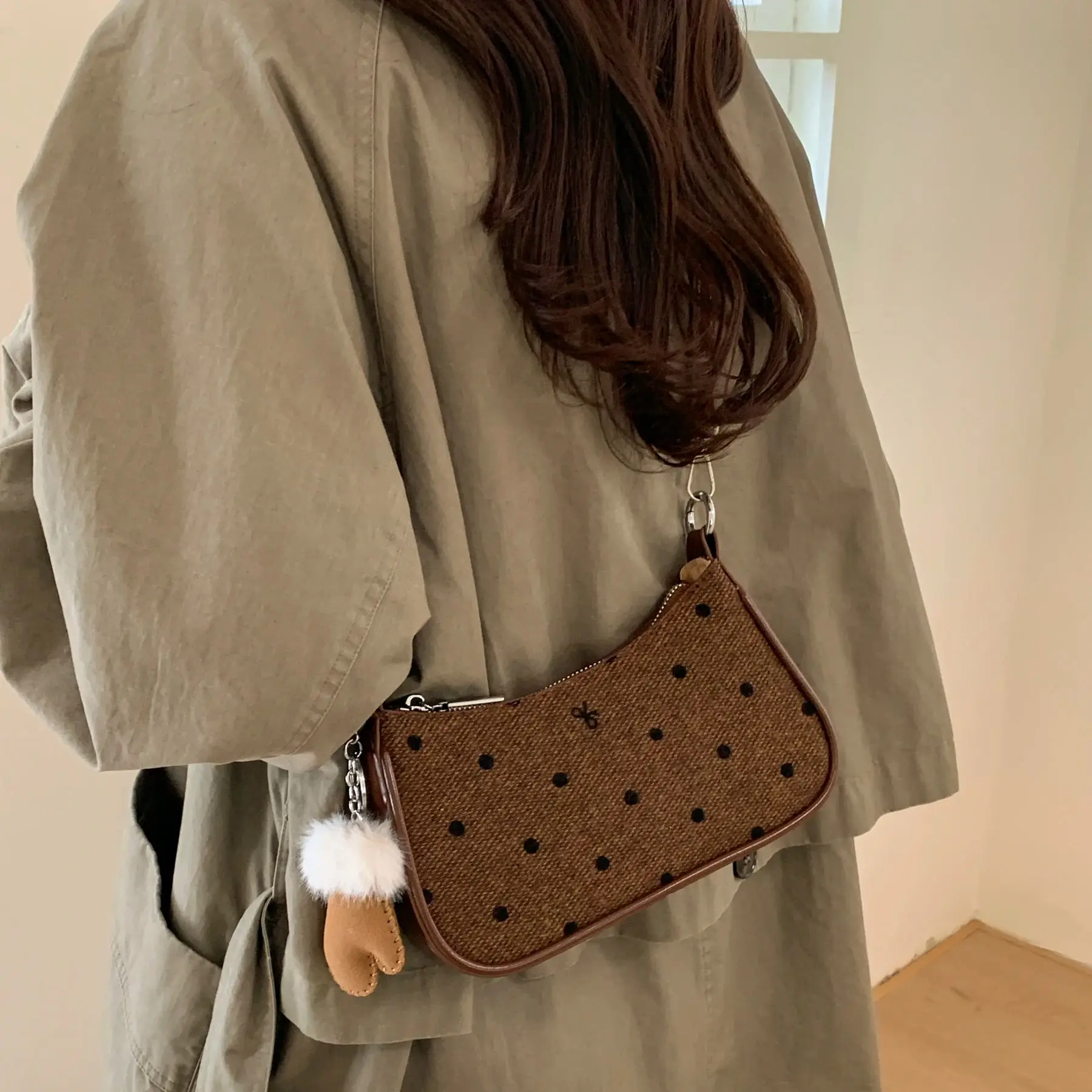 الكورية نمط المرأة حقيبة مربعة صغيرة عصرية البولكا نقطة القوس حقيبة كتف مطبوعة نسيج غير رسمي الربط حقيبة كروسبودي صغيرة