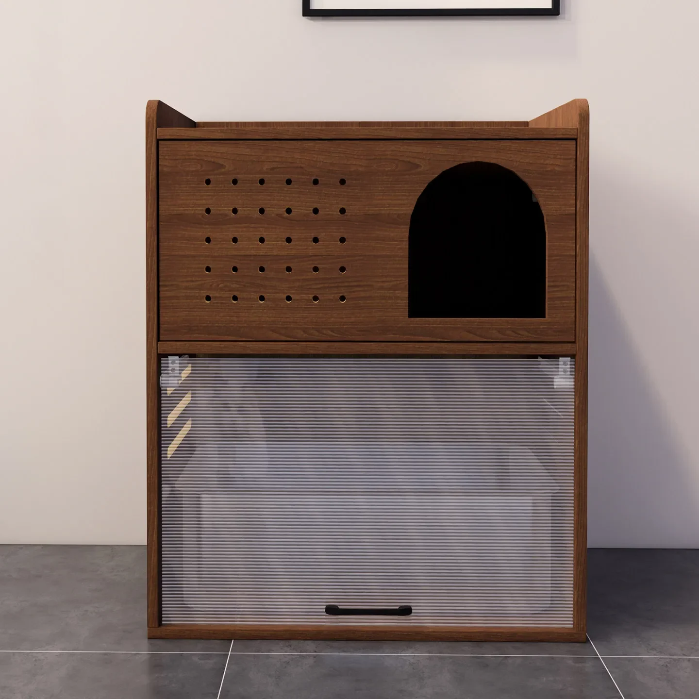 Solid wood cat litter box, hidden cat cabinet, free door, semi-enclosed sand control corridor, anti-spill cat litter