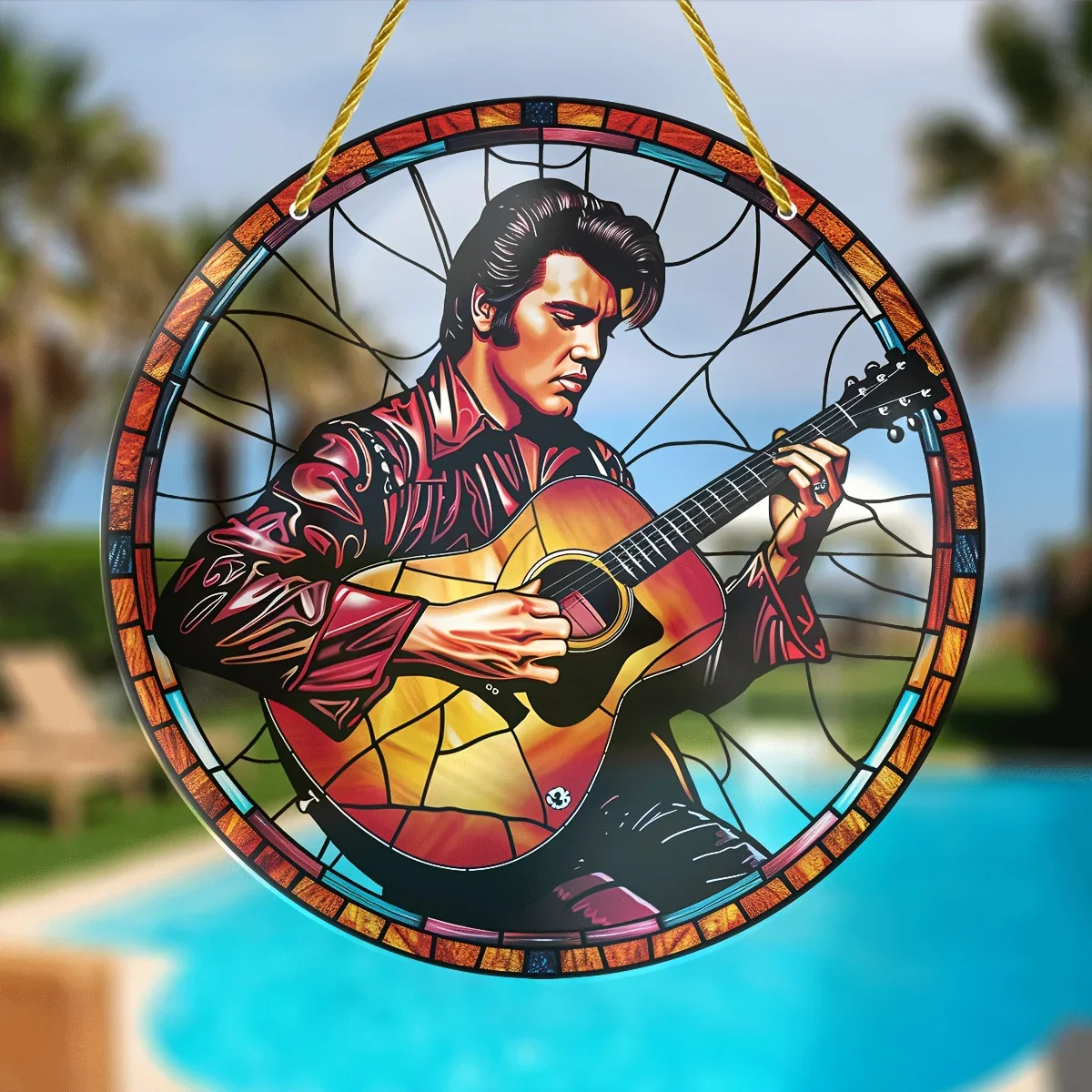 Guitarist Drum Kit Sun Catcher-Round Acrylic Music Themed Translucent Wall Art,Home,Garden,Cafe Bar Decor,Gift for Enthusiasts