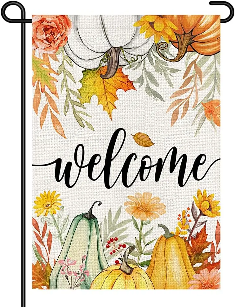 Welcome Fall Garden Flags Burlap 12x18 Inch Double Sided, Autumn Pumpkins Sign Small Flag Farmhouse Yard Outdoor Decorations SSL