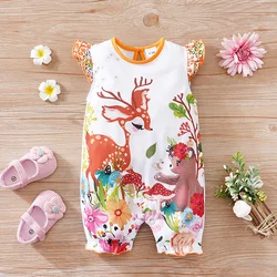 Newborn Clothing Cute Cartoon Elf Deer Print Comfortable And Soft Summer Boys And Girls 0-18 Flying Sleeve Baby Jumpsuit