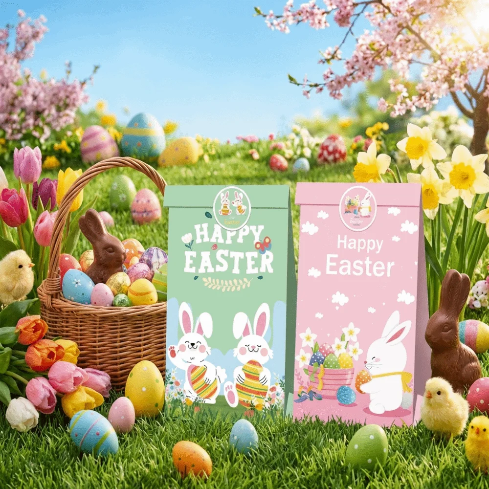 

12PCS Multicolor Happy Easter Gift Bags Cartoon Rabbit Flower Kraft Paper Packaging Bag Mixed Pattern with Seal Sticker