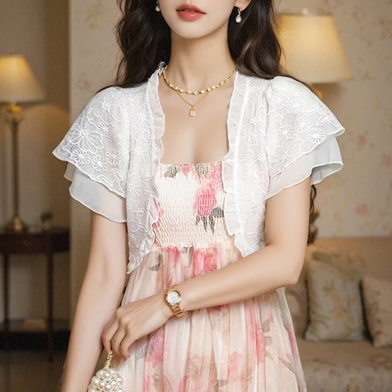 

Women White Lace Cropped Shrug Ruffle Sleeve Sheer Bolero Open Front Cardigan Elegant Cover Up for Wedding Party Dress Coat