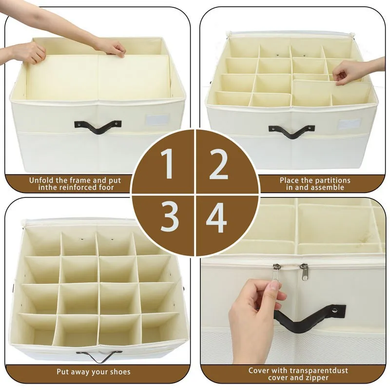 Storage Shoe Box, Fabric Foldable Shoes Grid Finishing Storage Boxes, Dustproof and Moisture-proof Zipper Transparent Cover