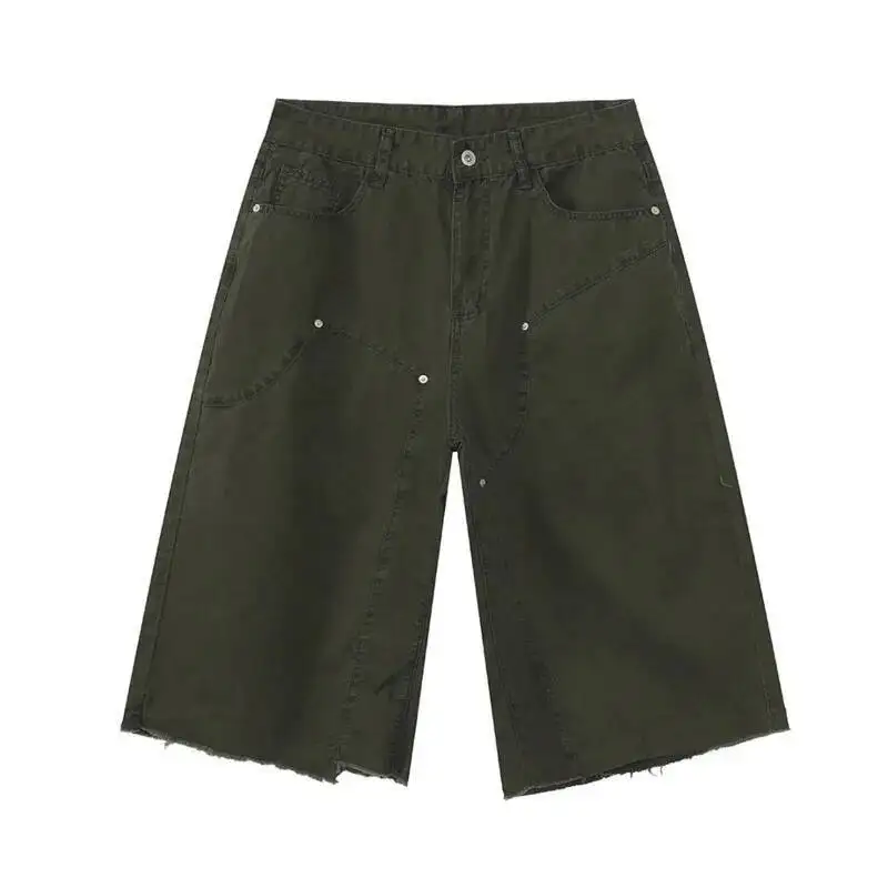 Celana Pendek Denim Pria Model Baru 2025, Desain Sobek dan Berlubang, Gaya Amerika, Warna Solid, Longgar, Model Lurus