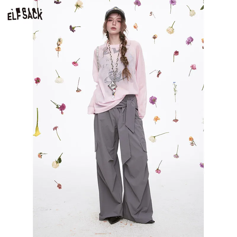 ELFSACK 2025 Spring New Arrivals Grey Casual Lace-Up Cargo Pants Elastic Waist Wide Leg Pants Woman