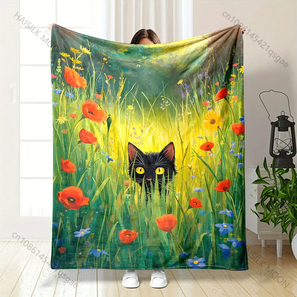 Black cat tall grass wildflowers sunlight Print Blanket Warm Soft Fluffy Kids Adult Sofa Bed Throw Outdoor Travel Camping RV