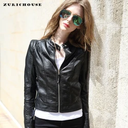 ZURICHOUSE 2024 Leather Jacket Women Short Slim Stand Collar Motorcycle Black Coat European Style Faux Leather Biker Jacket