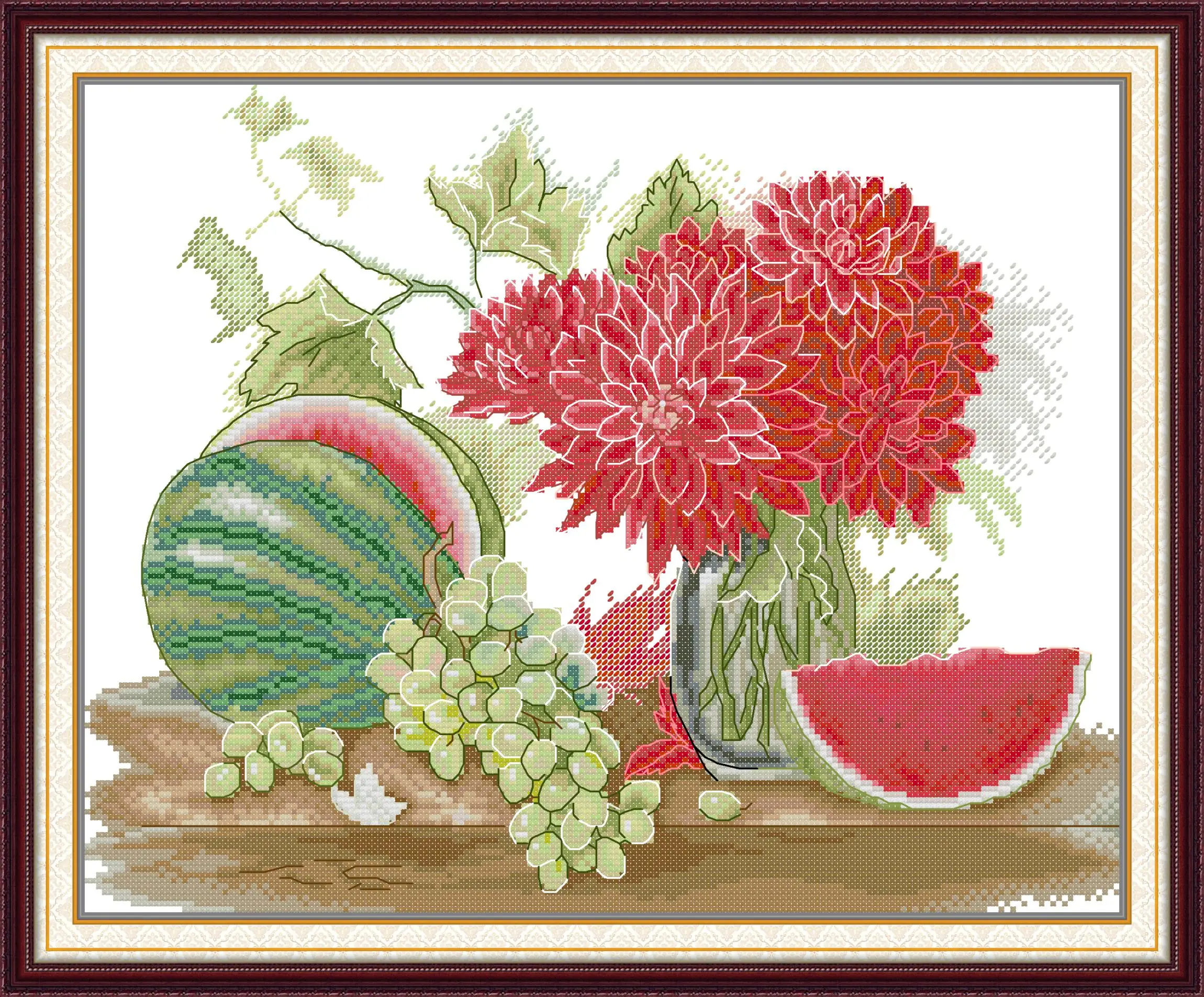 

Maydear Full Cross Stitch Kit,11CT/14CT/16CT/9CT Aida Fabric,DMC Threads Sewing Pattern Embroidery Set-Fruits with dahlia