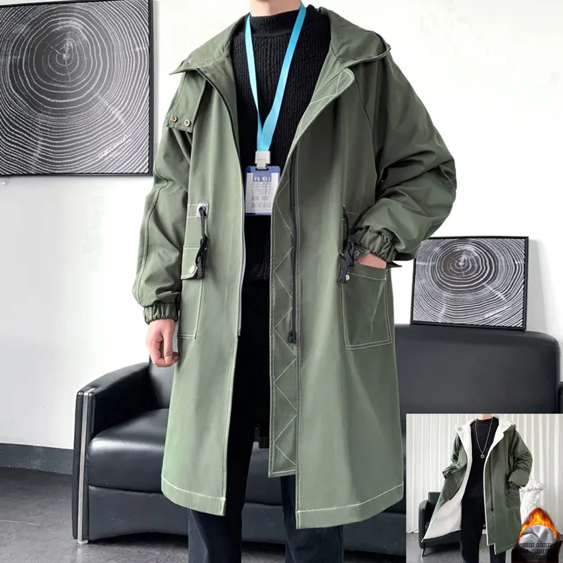 

Мужская осенне-зимняя ветровка с капюшоном, длинная приталенная куртка в британском стиле, повседневная модная водонепроницаемая молодежная ветрозащитная куртка