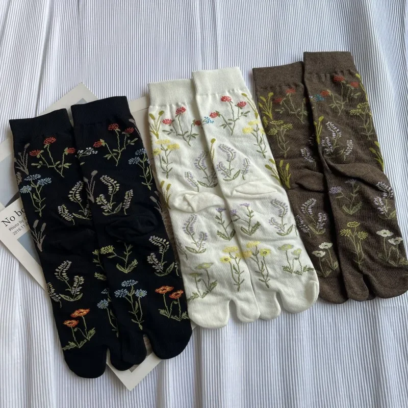 Elegant Retro Cute Combed Cotton Split Toe Woman Socks Plant Floral Patterns Soft Two-Toed Japanese Harajuku Women\'s Tabi Sox