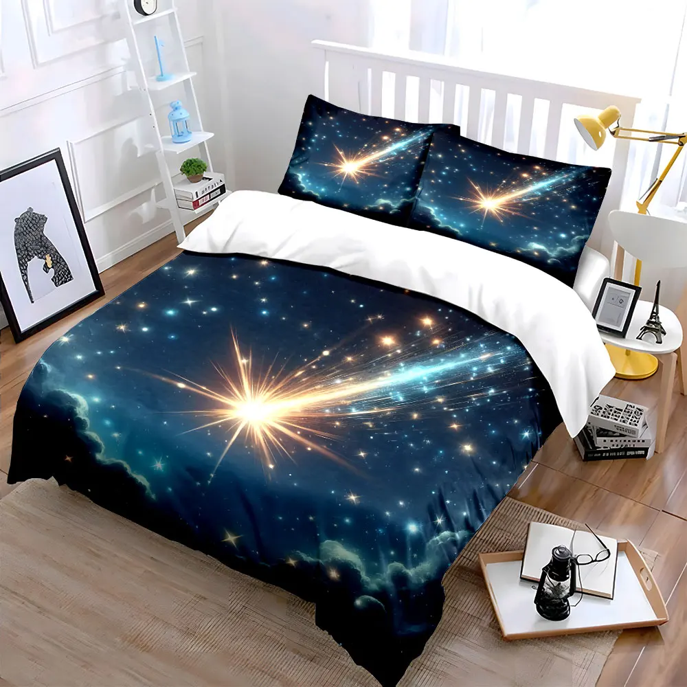 Shooting star across sparkling sky Pattern Duvet Cover Set Digital Print Colorful Polyester Bedding with Zipper Closur for gifts