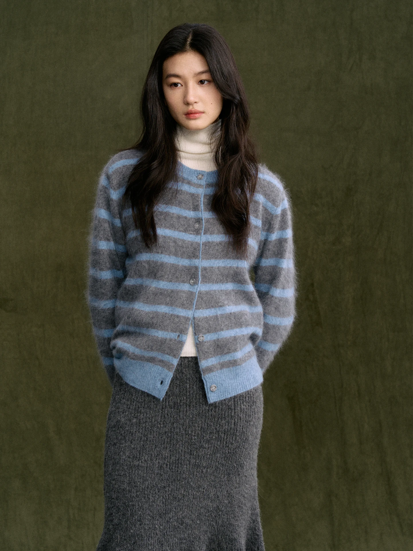 

Женский кардиган Jicouture из чистой шерсти, свободного кроя, теплый зимний вязаный топ с синими полосками, повседневная внутренняя одежда