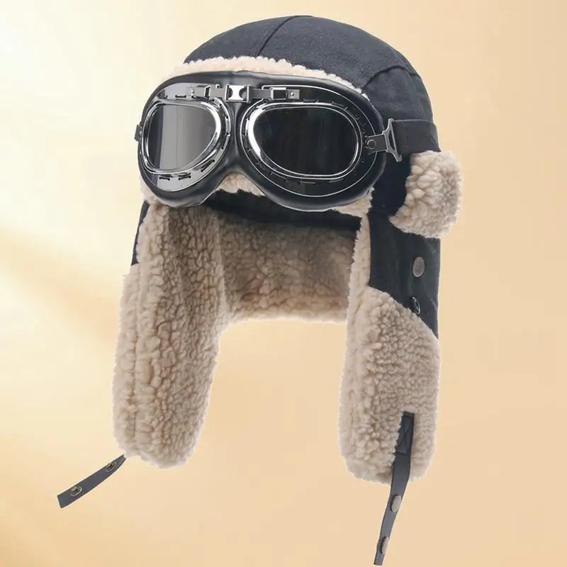 Pilot Hat With Goggles For Winter Skiing Beanie With Ear Protection Windproof Outdoor Ski Hat Warm Caps For Skiing Camping