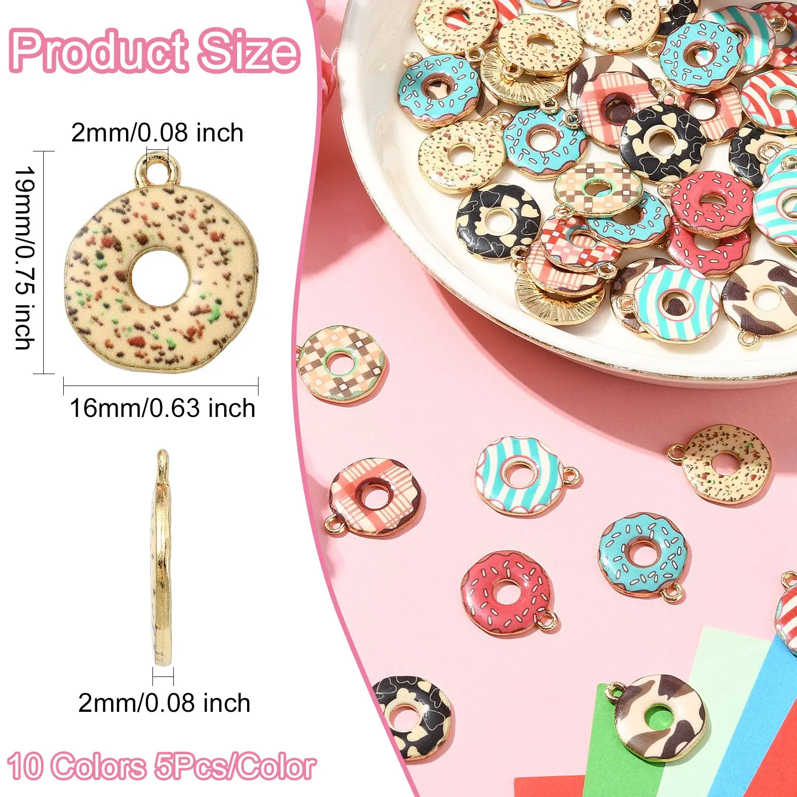 50Pcs 10 Colors Donut Charms Sweet Food Dessert Charms Cute Doughnut Charms for DIY Necklace Earrings
