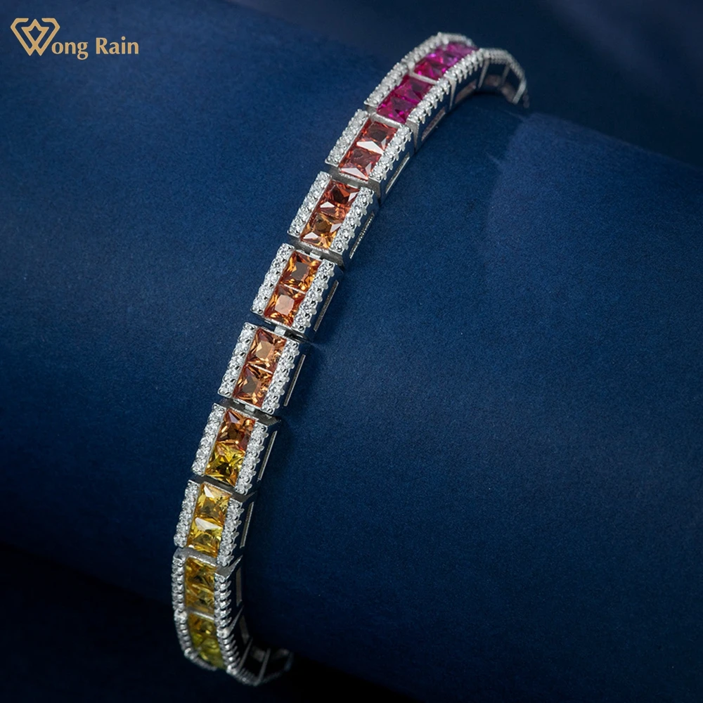 Wong Rain Luxury 925 Sterling Silver Princess Cut Colorful Lab Sapphire Gemstone Bracelets for Women Jewelry Anniversary Gifts