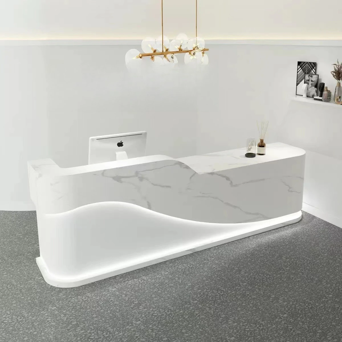 Beauty salon checkout page Clothing store Women's clothing store Bar counter Simple modern curved dance studio Front desk