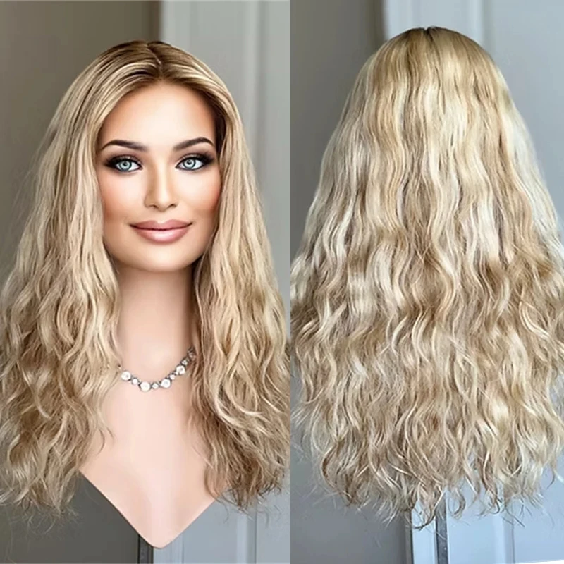 

22-дюймовый новый парик Ombre Honey Blonde HD из синтетического кружева спереди для женщин, парики с естественной волной, предварительно выщипанные волосы, термостойкие