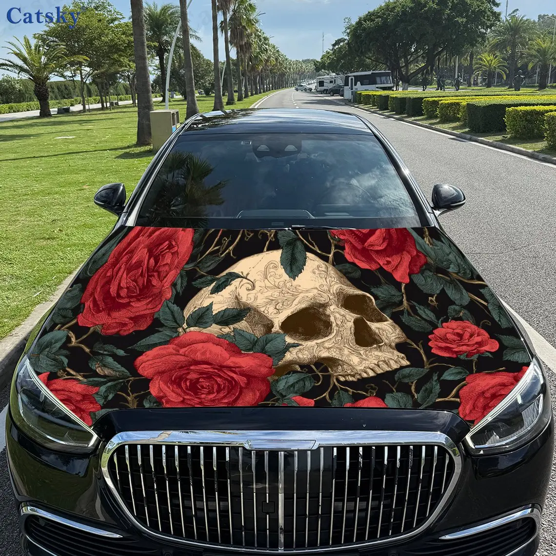 

Dark Romantic - style Rose Skull PVC Car Vinyl Wraps, Self-Adhesive Waterproof Car Hood Decal Sticker, Car Decoration Protection