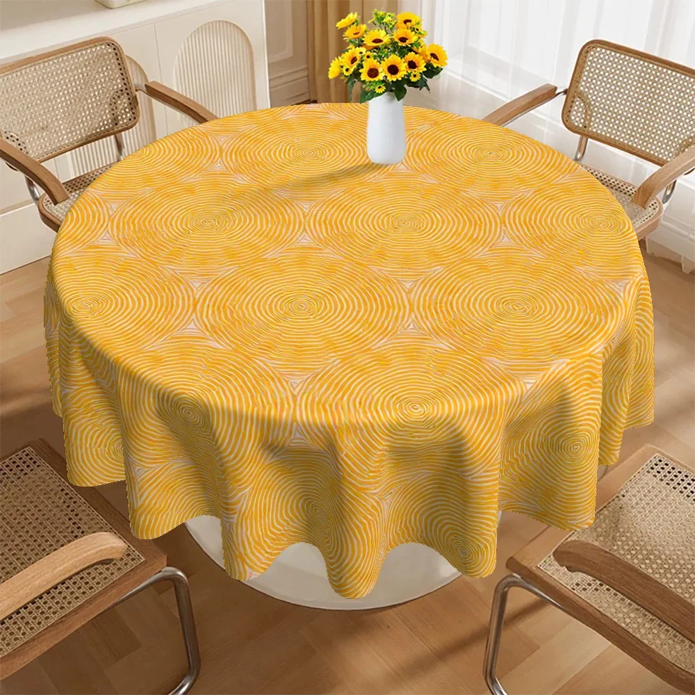 A round tablecloth, featuring a modern yellow design, is highly suitable for various occasions.
