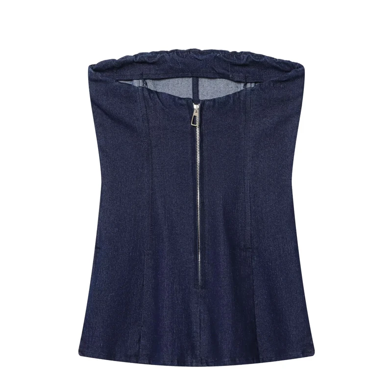 KEYANKETIAN 2026 New Dark Blue Denim Bustier Top Strapless Sleeveless Back Zipper Slim Fit Side Split Casual Party Daily Wear