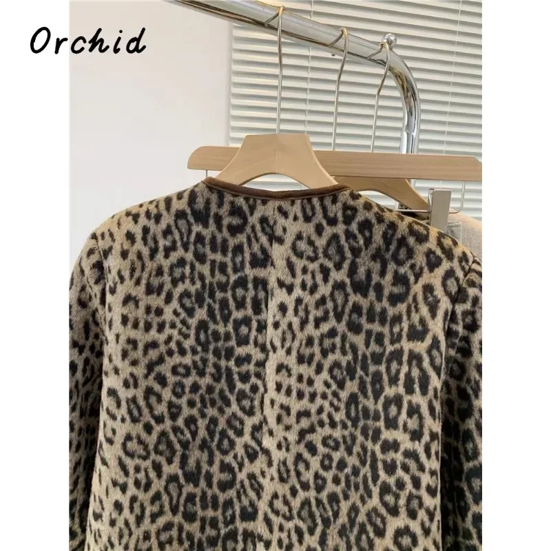 2024 Winter Female Vintage Single Breasted O-Neck Loose Jacket For Women Office Lady Fashion Luxury Leopard Print Short Coat image 5