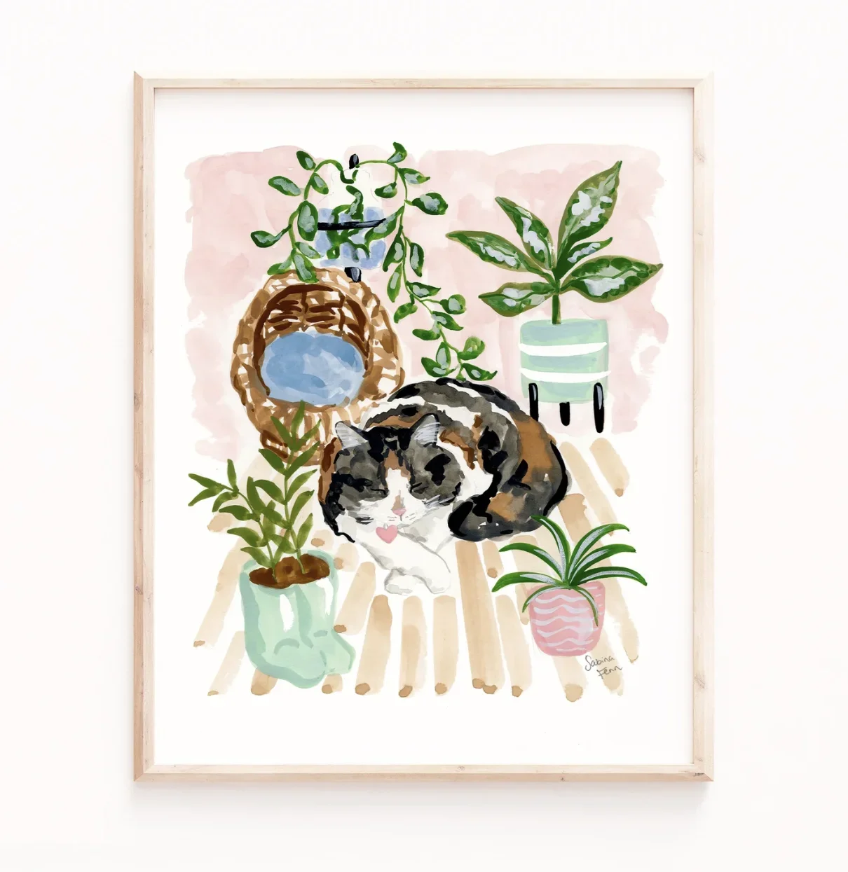 1pc frameless Canvas Painting Cute Sleeping Calico Cat Green Plant Canvas Wall Art Poster, Soft Pink Watercolor Prints Decor for