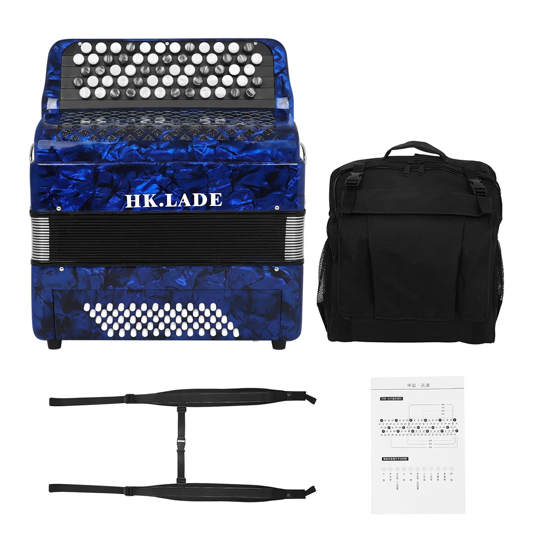 HK·LADE AH-110 Blue Bayan Accordion 62 Key 60 Bass 3 Keyboard Voice Changing Accordion Sheepskin Bellows Accordion with Storage