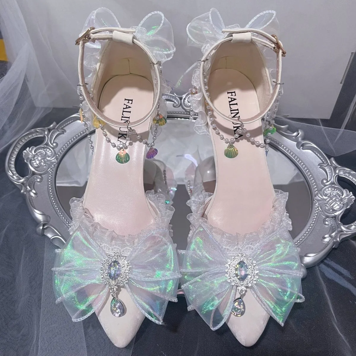 pointed toe white bridal wedding shoes Lolita heels y2k heeks bow coming-of-age ceremony party shoes for ladies high quality