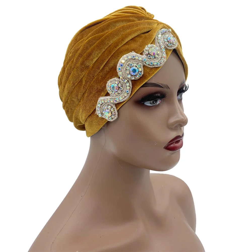 Indian Hat Turban for Women Lady\'s Luxury Shining Stones Caps Muslim Hijab Hat  Headwraps For Female Afrian Headtie