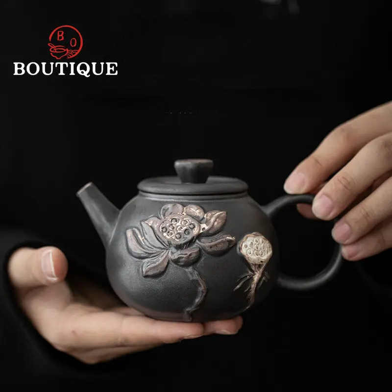 210ml Retro Hand-embossed Lotus Round Rhyme Pot Black Rough Pottery Ball Filter Teapot Is Putting Pot Kung Fu Tea Set Tea Maker