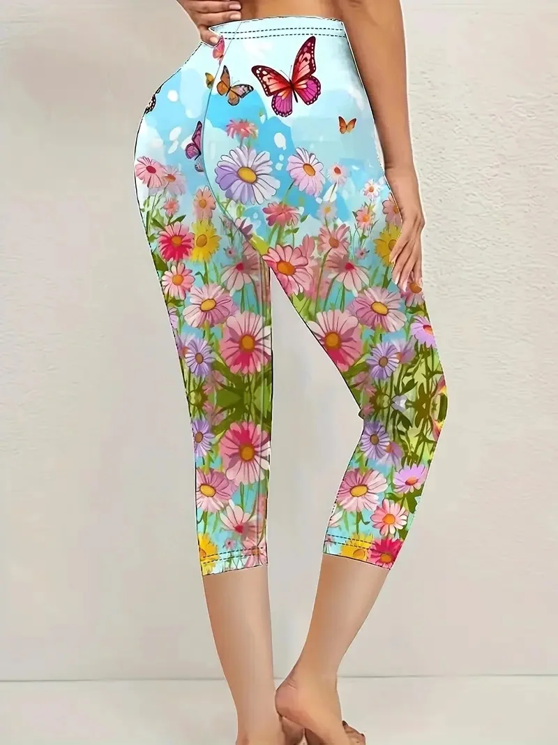 Butterfly& Floral print stretch slim elastic waist tight casual leggings capri pants women