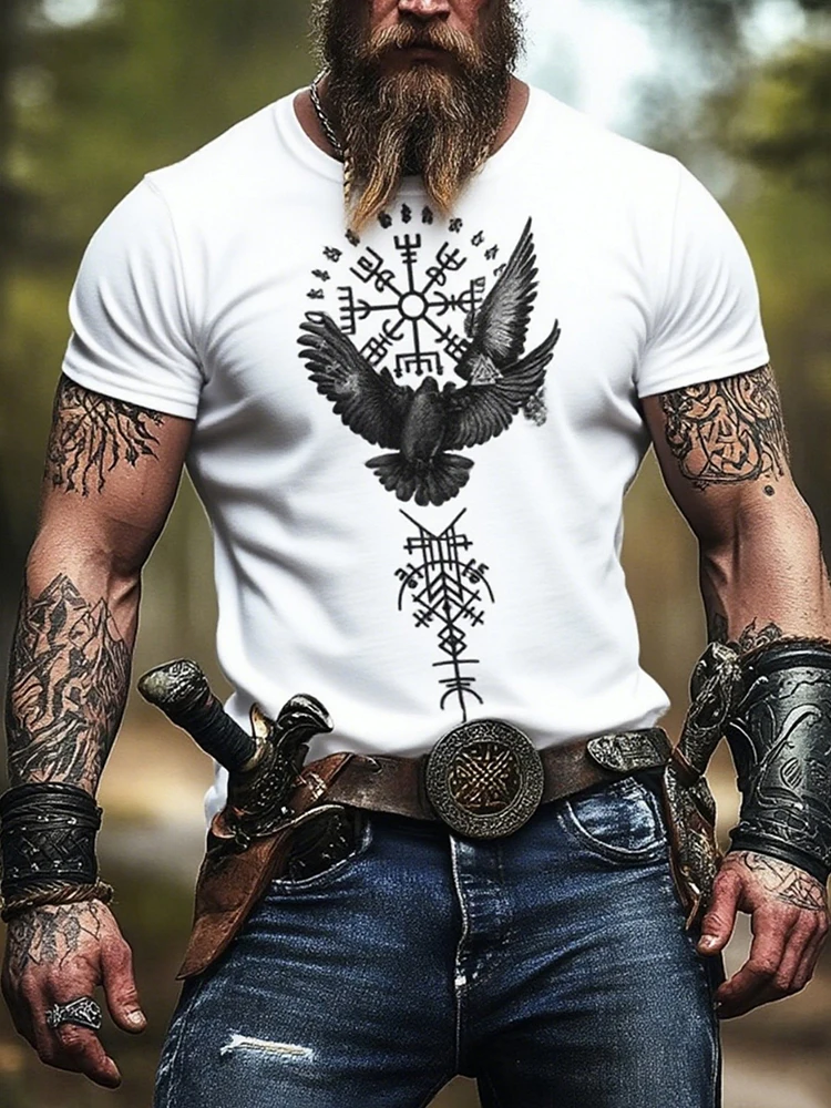 

Nordic Pirates Print Men's T Shirt Funny Crow Pattern Short Sleeve Tops Outdoor Fitness Sports Clothing Fashion O-neck Loose Tee