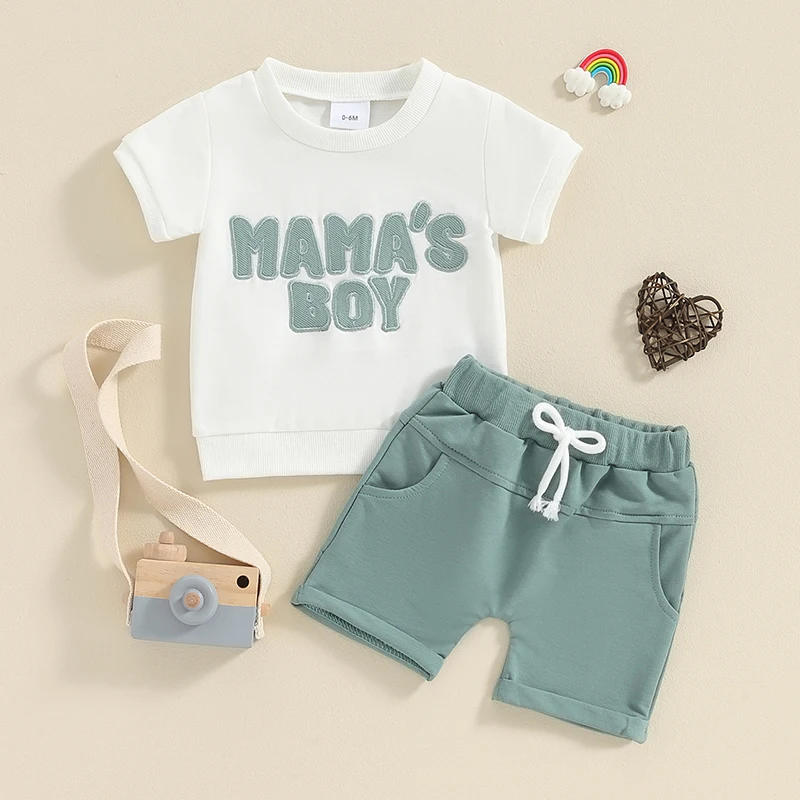 Lioraitiin Toddler Baby Boy Summer Clothes Mamas Boy Letter Embroidery Short Sleeve T-Shirt Tops Solid Shorts 2Pcs Outfit Set