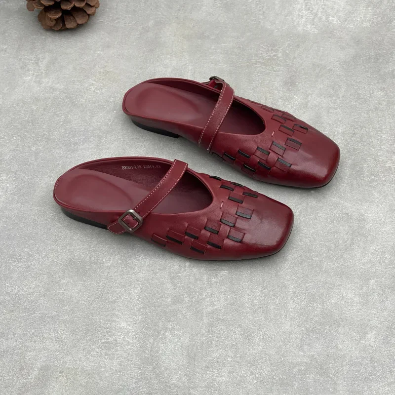 Vintage Woven Genuine Leather Mules Women Square Toe Closed Toe Backless Flats Retro Washed Cowhide Buckle Strap Summer Slippers