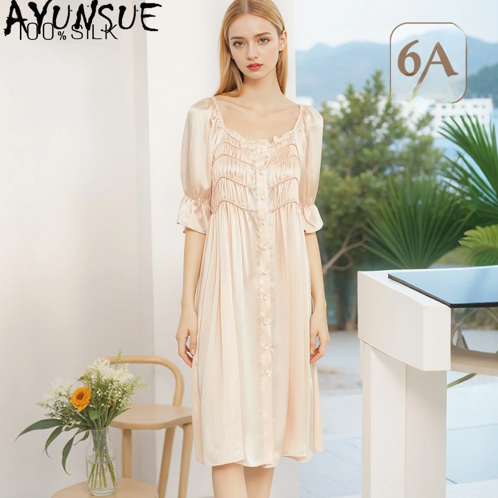 

Шелковая ночная сорочка AYUNSUE из 100% тутового шелка, 16 мм, для женщин, домашняя одежда, с коротким рукавом, коллекция 2026