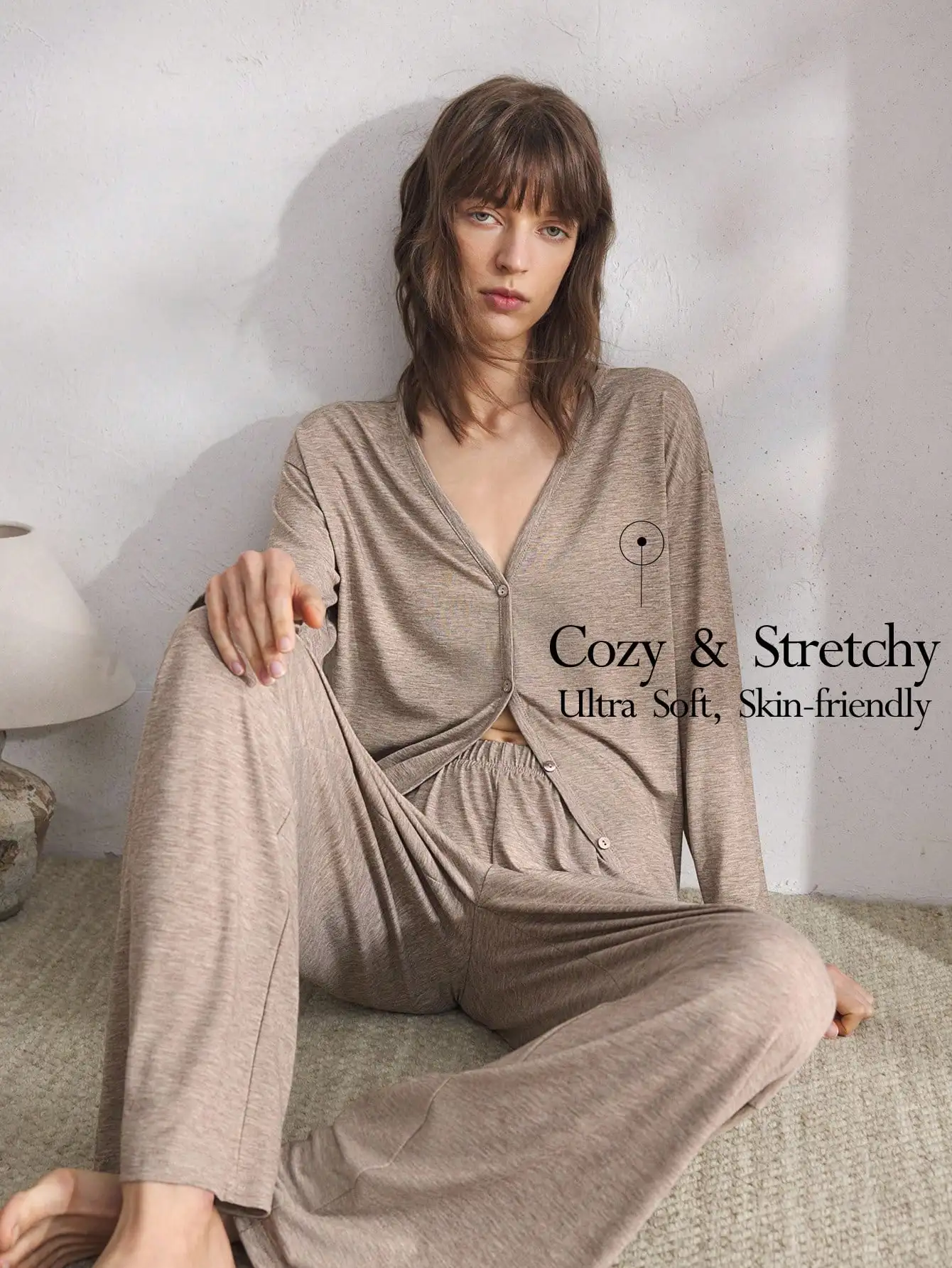 

Women's Cozy Stretchy V-Neck Lounge Set - Soft Knit Pajama Pants & Cardigan