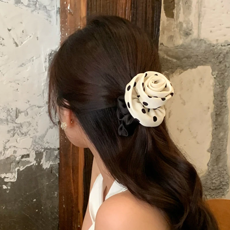 Black and White Polka Dot  Rose Hair Rope Vintage Scrunchies Flower Silk Satin Hairring Korean Style Headdress Hairband Headwear