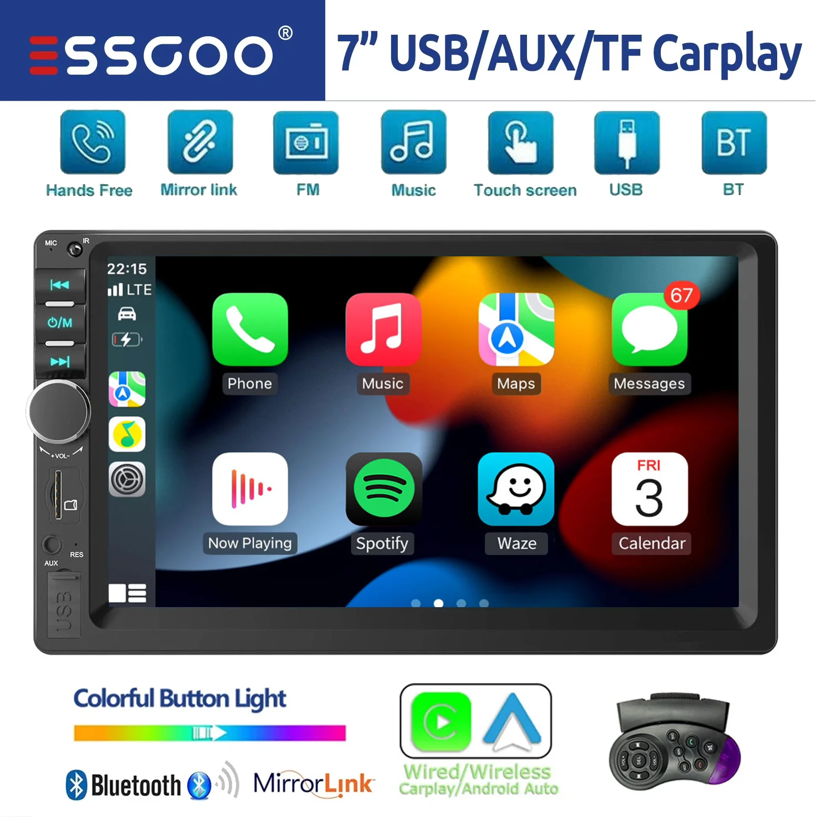 ESSGOO 7-Zoll Doppel-DIN-Autoradio mit Carplay, Android Auto, universellem Touchscreen, USB, AUX, TF, FM, BT, Mirrorlink, SWC, MP5-Player