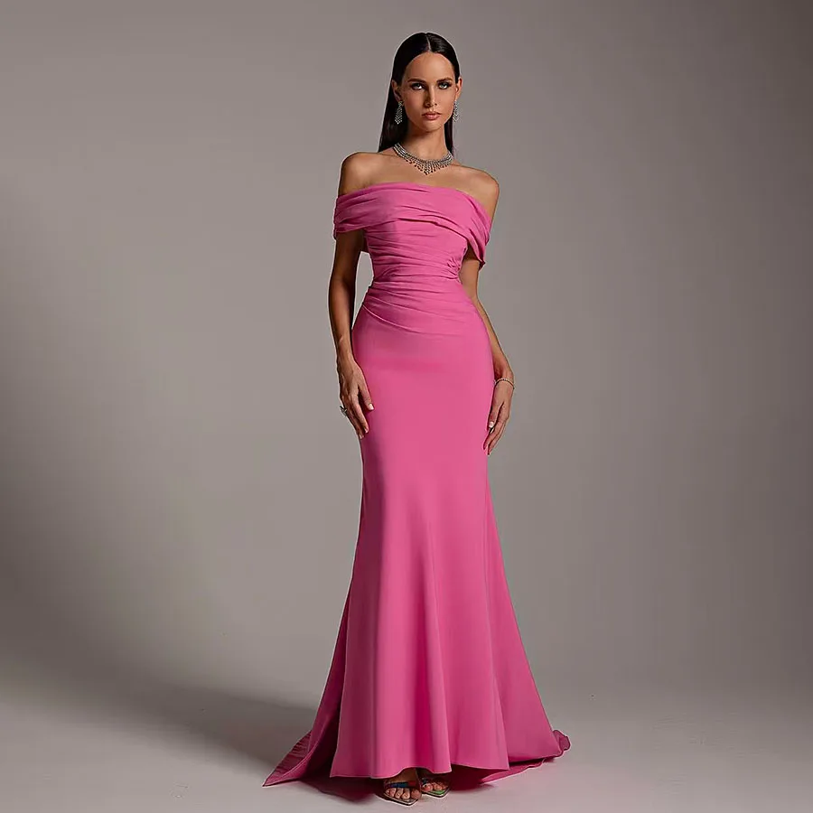 2025 Sample Off Shoulder Mermaid Elegant Satin Pleat Pink Evening Dress Backless Prom Gown Vestidos De Gala Custom