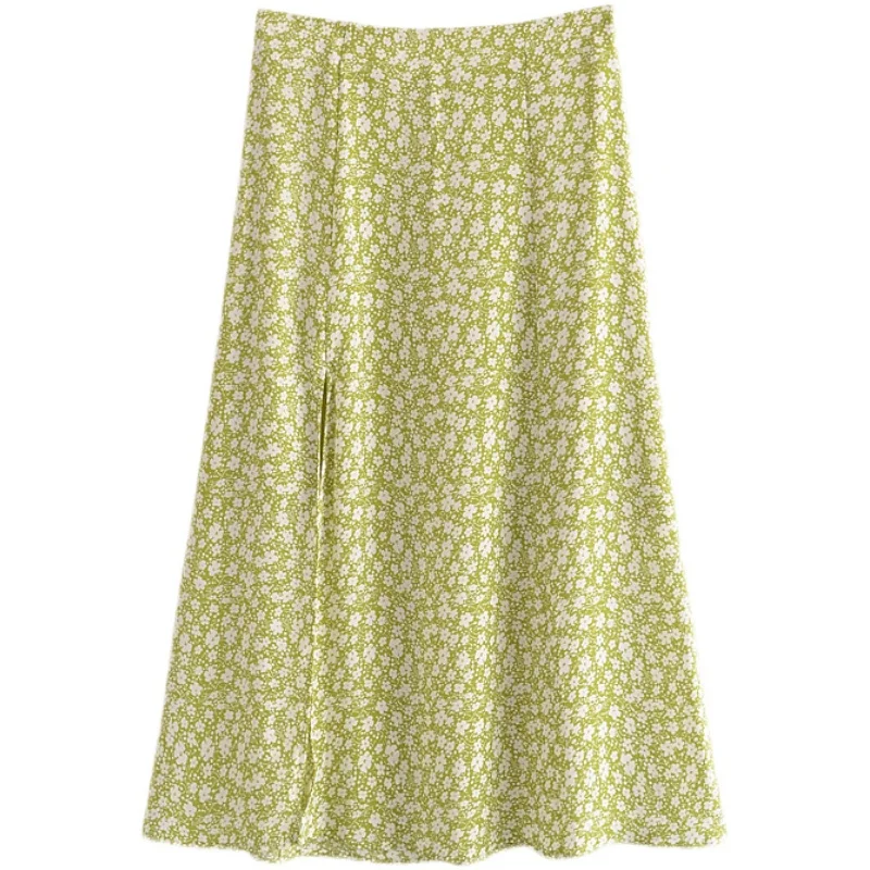 

High Waist Midi A-Line Skirt Women's Floral Print Side Split Street Sle European And American Long Skirts