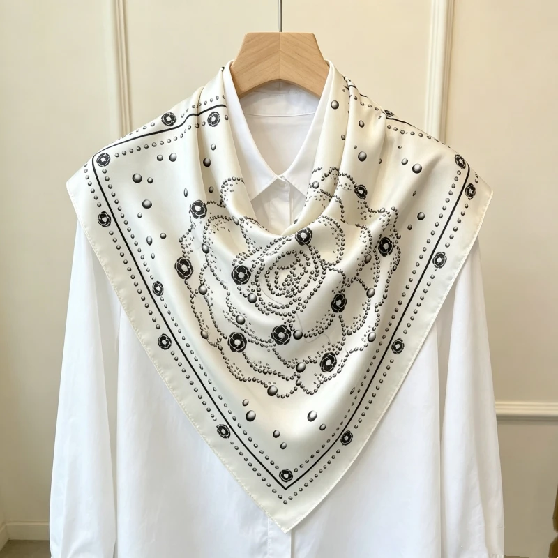 Elegant All Match Mulberry Silk Scarf White Polka Dot Camellia Print Sunscreen Square Shape Luxury Daily Female Outfit Ornament