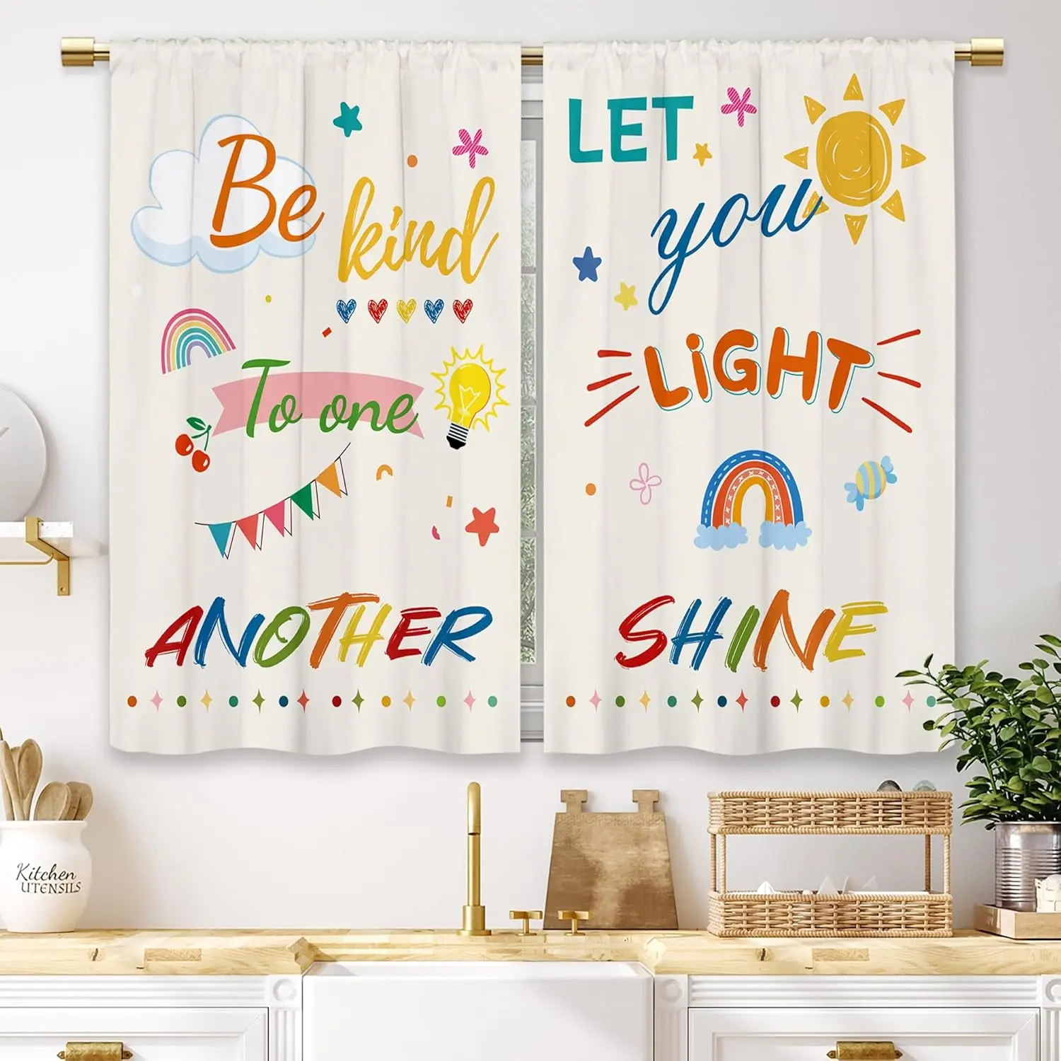 Colorful Inspirational Kids Kitchen Curtains Quotes Small Short Cafe Window Curtains Cute Child Cartoon Motivational Rainbow Sun