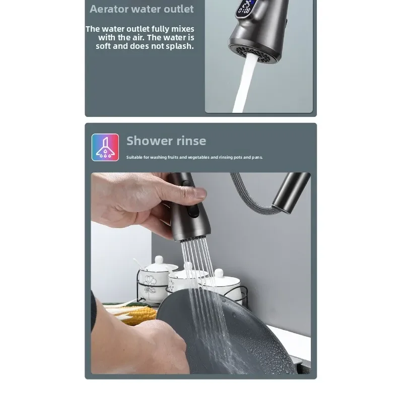 Kitchen digital display faucet pull-out type hot and cold universal telescopic splash-proof household vegetable basin