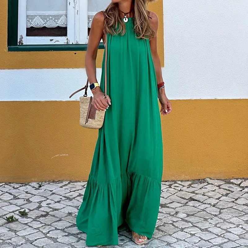 Vestido largo sin mangas con cuello Halter para mujer, traje holgado informal de estilo bohemio para ir a la playa